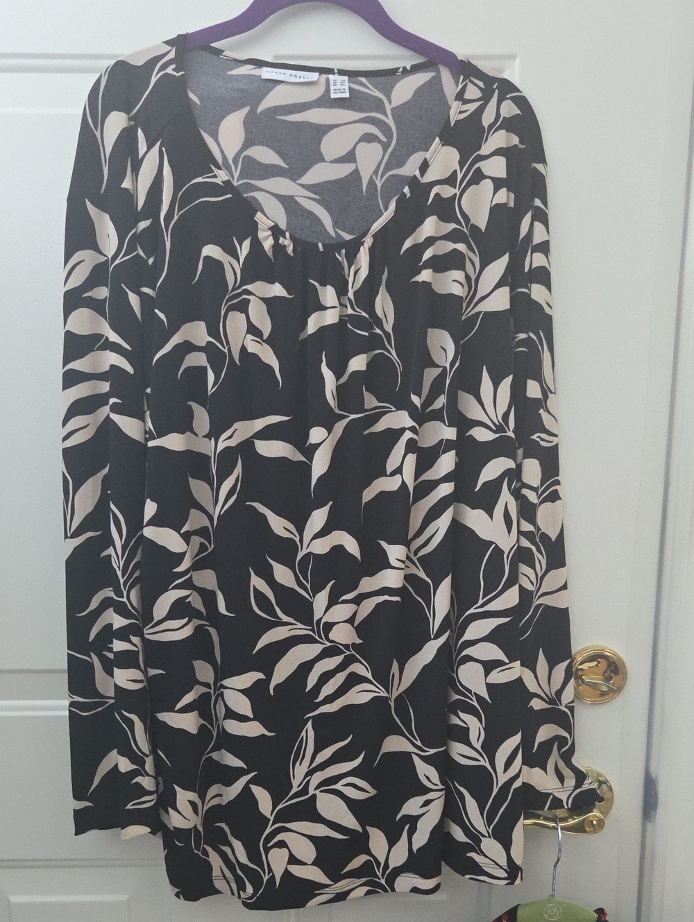 Susan Graver Black & Cream Leaf-Print Blouse